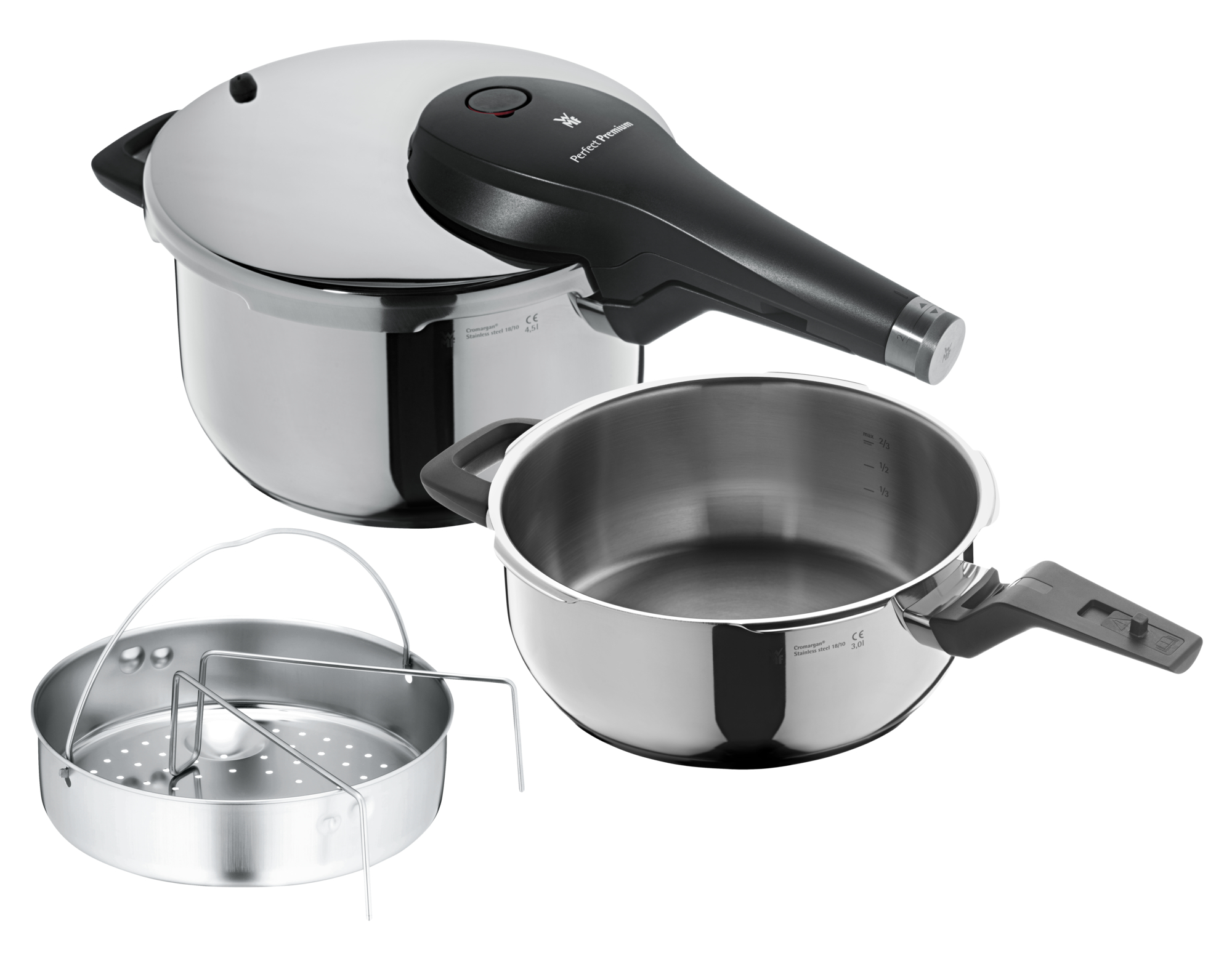 WMF Perfect Premium One Pot Pressure Cooker Set, 4.5 L and 3 L with steam basket