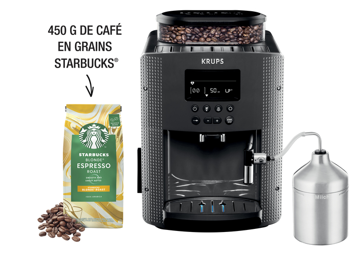 Krups Essential  Krups  Machine à café à grains  Ecran LCD  Café Starbucks  Carafe à lait Broyeur à café grains + Pot à lait