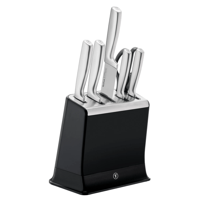 Tefal EverSharp Pro, Set de 5 cuchillos + tijera + Bloque Afilador, Afilado duradero, Acero Inoxidable