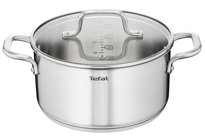 Tefal Virtuoso, Olla 24 cm, Acero Inoxidable Premium,  Inducción, Tapa de Cristal