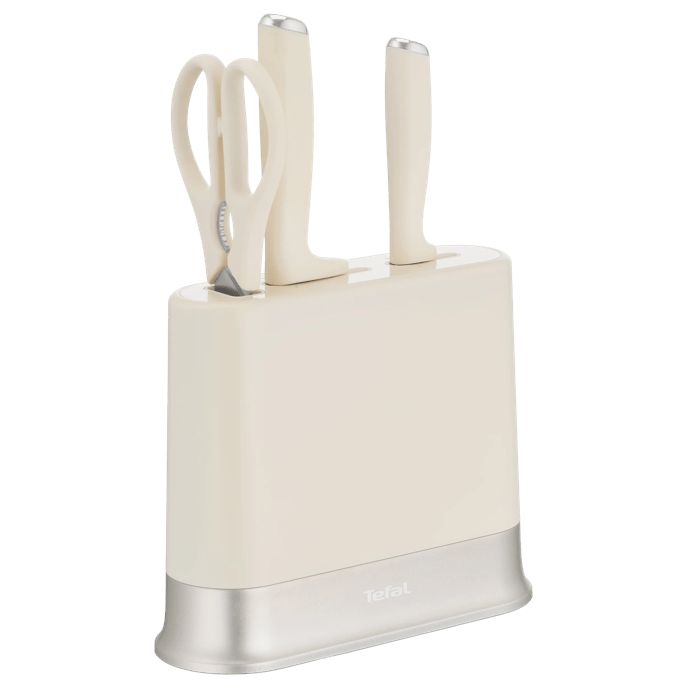 Tefal EverSharp Daily, Set de 2 cuchillos autoafilables + tijeras + bloque, Afilador integrado, Afilado duradero, Blanco