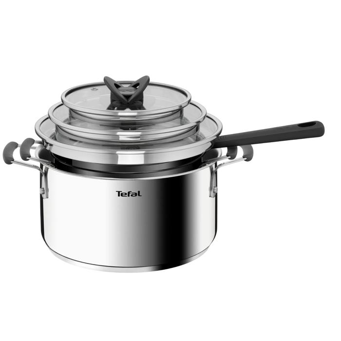 Tefal Opti'Space, Set de 6 piezas, Cacerola 16 cm, Ollas 20/24 cm, Tapas, Ahorro de espacio, Acero Inoxidable, Inducción