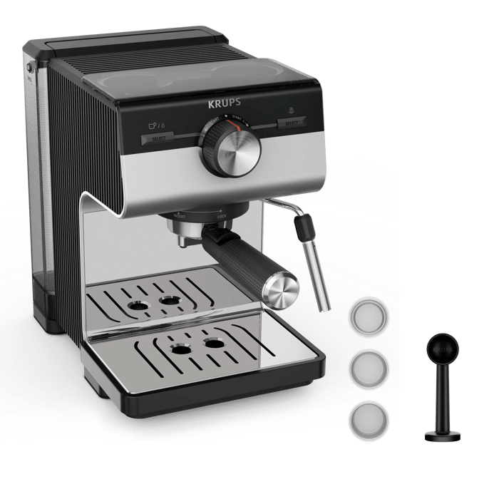 Moulinex Authentic+, Cafetera espresso manual, 15 bares de presión, Boquilla de acero inoxidable, 2 L de depósito, Cápsulas ESE, Inox