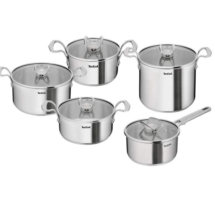 Tefal Extreme, Batería de cocina de 10 piezas,  Acero inoxidable premium, Ahorro de espacio, Compatible con inducción