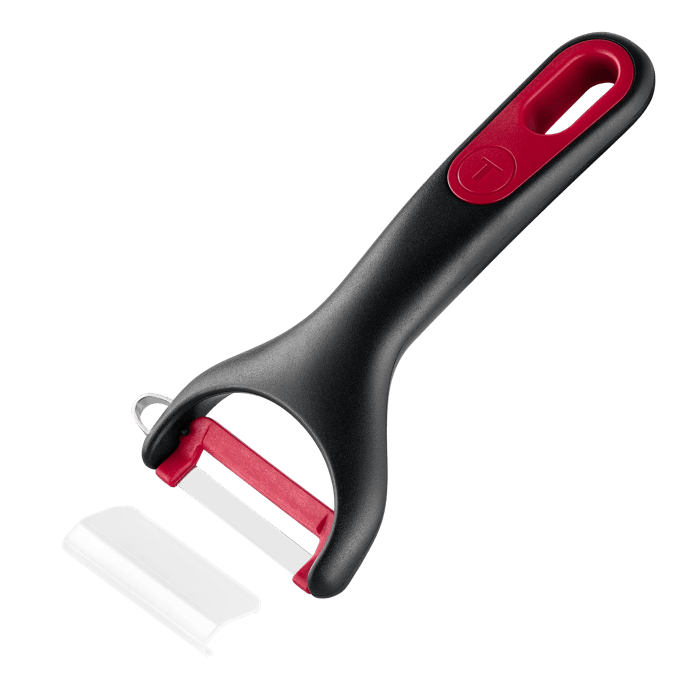 Tefal Ingenio+ Pelador en Y, Cuchilla giratoria, Acero inoxidable, Funda protectora, Apto para lavavajillas, Negro y rojo