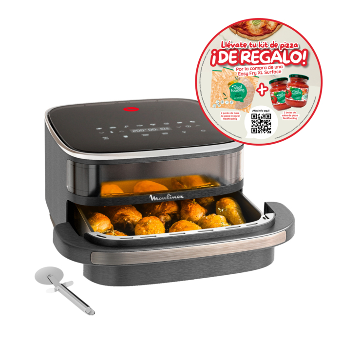 Moulinex Easy Fry XL Surface, Freidora de Aire, Gran Superficie de Cocción, Doble Resistencia, 10 Programas Automáticos, Formato Compacto, Ventana de Visualización, Gris
