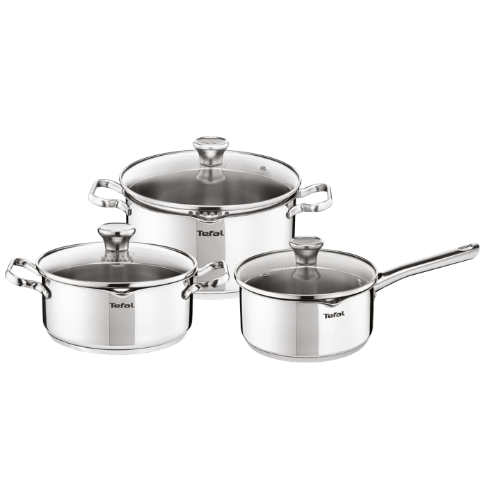 Tefal Duetto On, Set de 6 piezas, Cacerola 16 cm, Ollas 20/24 cm, 3 tapas, Acero inoxidable 18/10, Marcas medidoras