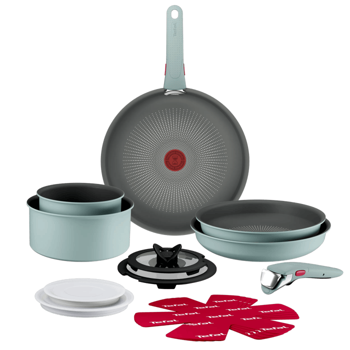 Tefal Ingenio Halo, Set de cocina de 15 piezas, 3 Sartenes, 2 Cazos, 4 Tapas, 4 Protectores , 2 Mangos extraíbles, Apilable, Inducción, Eucalipto