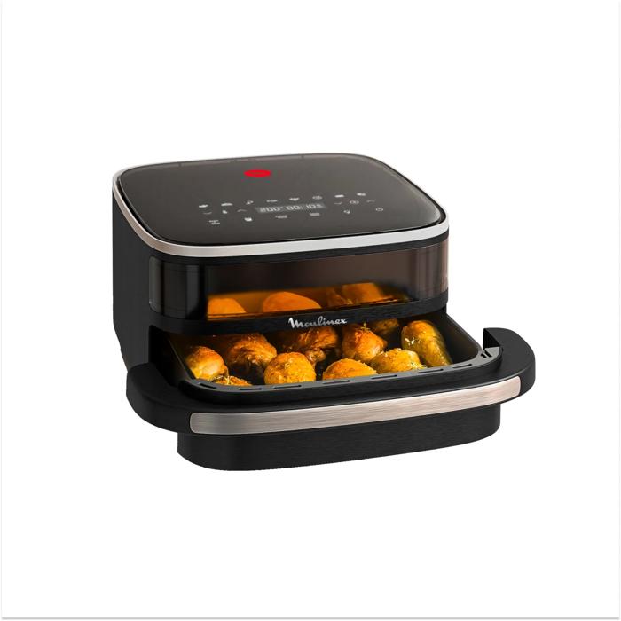 Moulinex Easy Fry XL Surface, Freidora de Aire, Gran Superficie de Cocción, Doble Resistencia, 10 Programas Automáticos, Formato Compacto, Ventana de Visualización, Negro