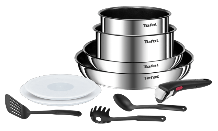 Tefal Ingenio Emotion, Set de 10 piezas: Sarten 22/26cm + Cazos 16/18cm + Tapas + Accesorios + Mango extraíble, Acero Inoxidable, Apilable