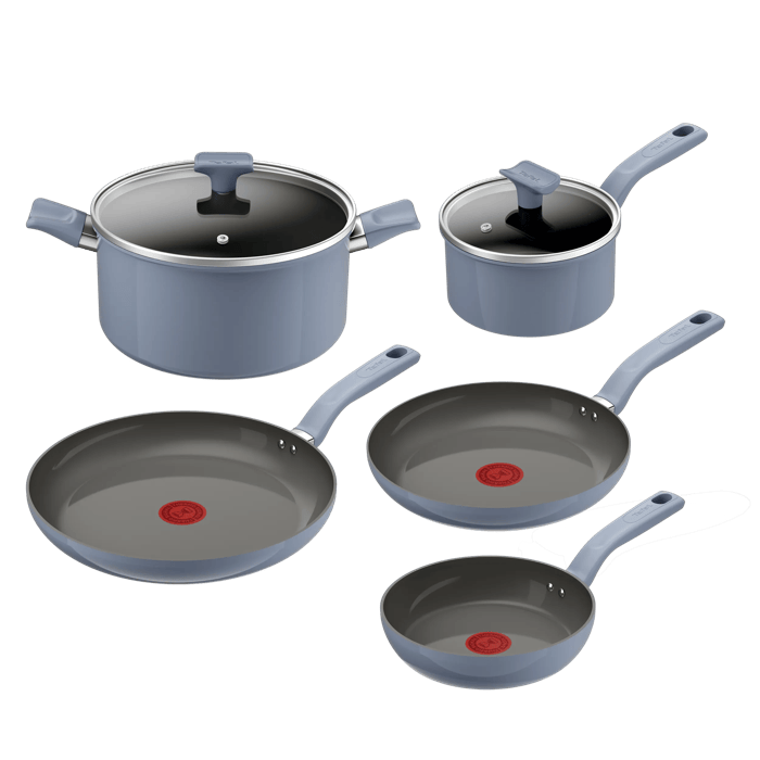 Tefal Cera Color, Set de cocina de 7 piezas, Sartenes 20/24/28 cm, Cazo 16 cm, Olla 24 cm, 2 Tapas, Revestimiento antiadherente, Azul