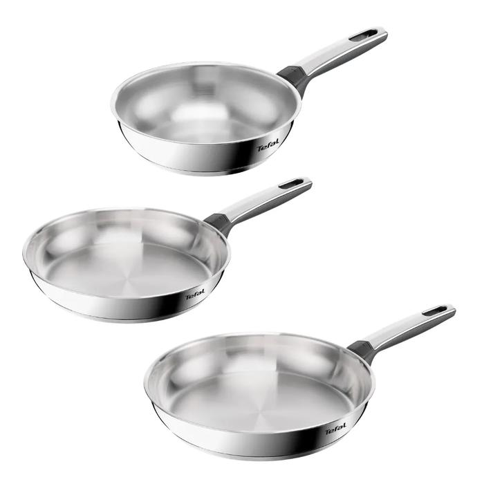 Tefal Emotion+ Set de 3 sartenes 20/24/28 cm, Acero inoxidable premium, Sin revestimiento, Garantía de 10 años, Apta para inducción