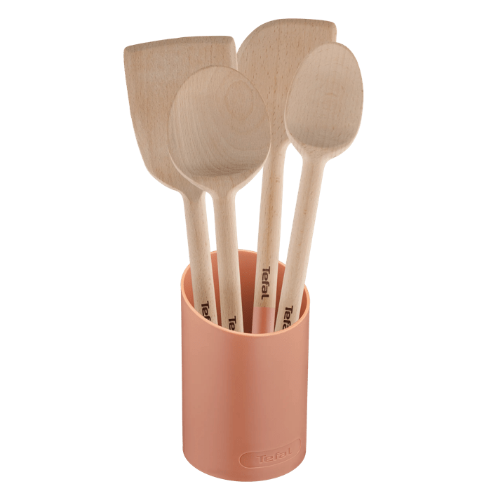 Tefal Kit Natura de 4 utensilios de cocina, Madera con mango pintado, Terracotta, Soporte
