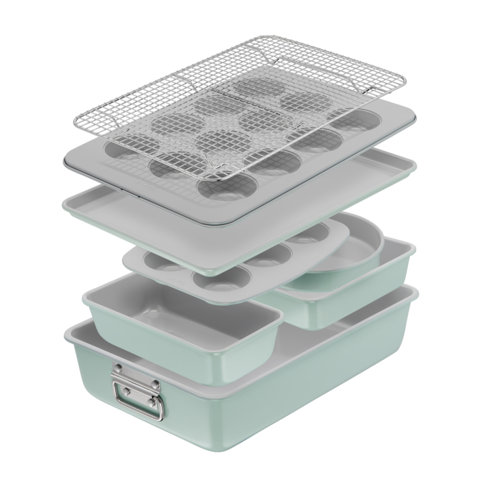 Tefal Ceramik, Set de 8 piezas, Utensilios para Horno, Revestimiento Cerámico, Apilables, Duraderos, Verde Menta