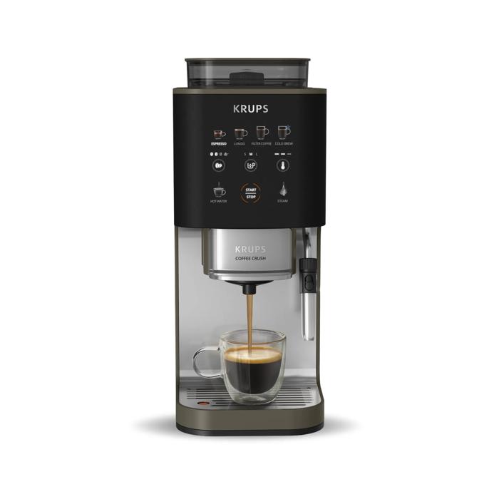 Moulinex Coffee Crush, Cafetera Automática Compacta, Café en Grano y Molido, 15 Bares, 4 recetas, Espumador de leche, Pantalla táctil