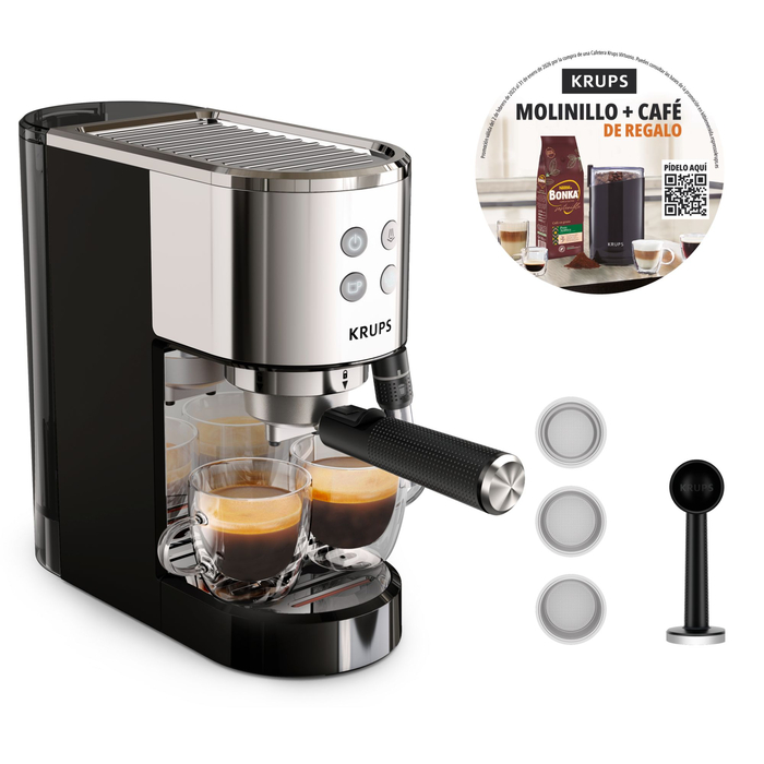 Virtuoso +, Cafetera Espresso, 15 bares de presión, Espumador de leche, Panel frontal intuitivo