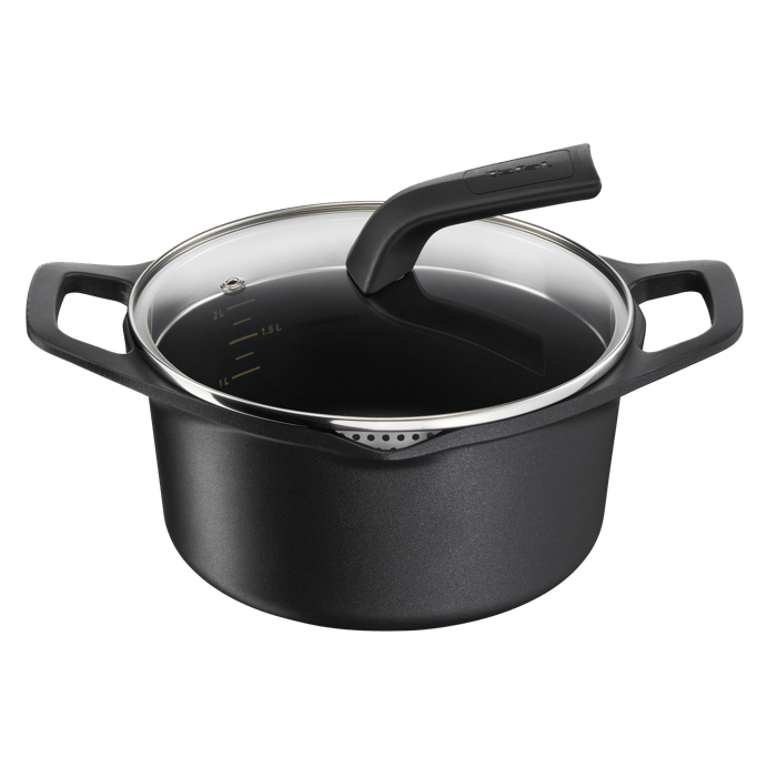 Tefal Robusto, Cacerola 20 cm + tapa de cristal, Aluminio fundido, Retención de calor, Revestimiento antiadherente, Negro