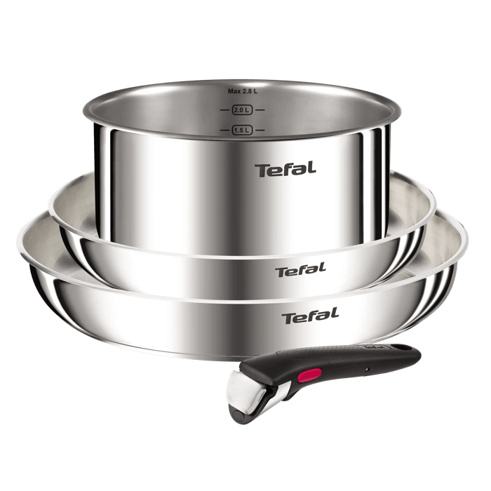 Tefal Ingenio Emotion, Set de cocina de 4 piezas, Sartenes 24/28 cm, Cazo 20, Mango Extraíble, Acero Inoxidable, Sin Revestimiento, Apilable, Inducción