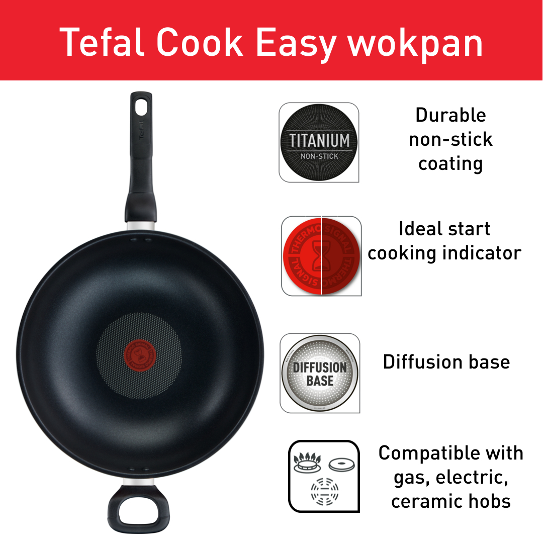 TEFAL B50394 COOK EASY WOK PAN 32 CM with LID B5039495