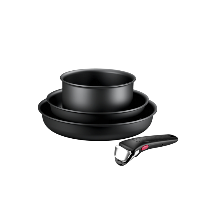 Tefal Ingenio Jordi Cruz, Set de Sartenes 22/26 cm + Cazo 16cm + Mango Extraíble, Apilables, Inducción, Negro