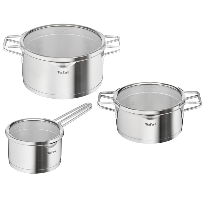 Tefal Set Nordica de 6 piezas: Cacerola de 16 cm, Ollas de 20/24 cm con tapas, Sartenes de Acero Inoxidable de Primera Calidad