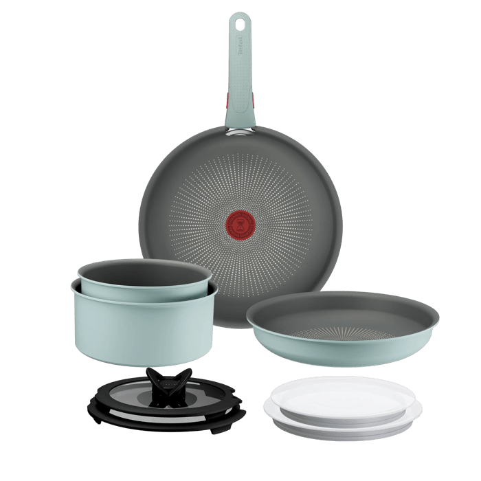 Tefal Ingenio Halo, Set De Cocina De 9 Piezas, 2 Sartenes, 2 Cazos, 4 tapas, Mango extraíble, Apilable, Eucalipto