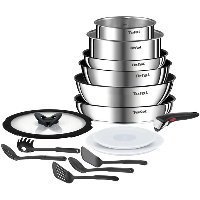 Tefal Ingenio Emotion, Set de cocina de 15 piezas, Mango extraíble, Apilable, Revestimiento antiadherente, Acero Inoxidable