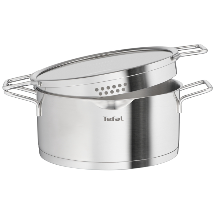 Tefal Nordica, Cacerola 24 cm, Acero inoxidable Premium, Tapa Colador, Apilable, Sostenible, Inducción