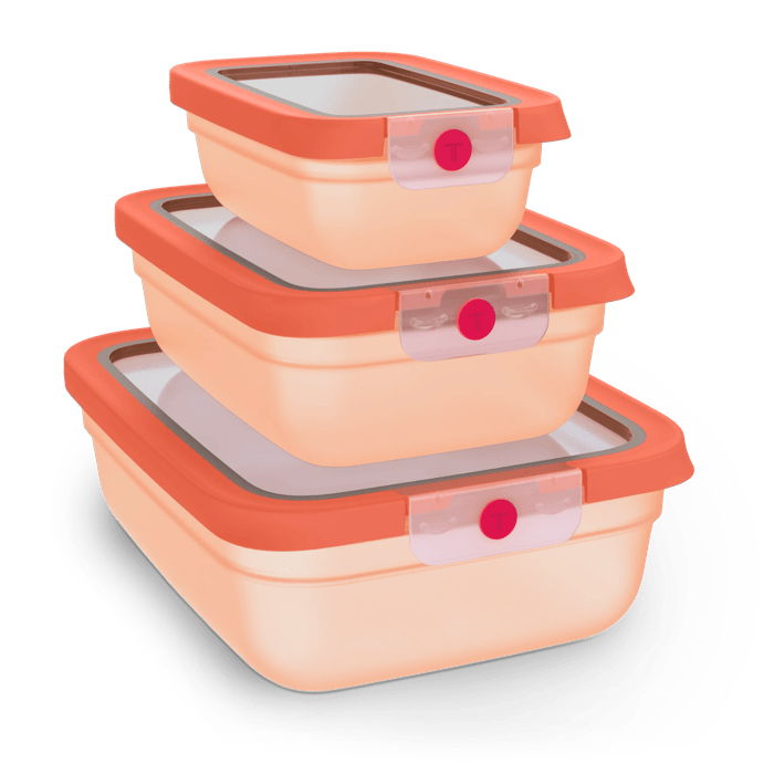 Tefal TEFAL oneClick, Set de 3 piezas apilables, Herméticos, Sistema One-Click, Naranja, (0,50 L / 17,6 FLOZ, 1,20 L / 42,2 FLOZ, 2,30 L / 81,0 FLOZ)