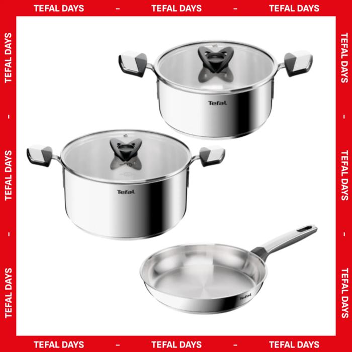 Tefal Emotion+ Batería de cocina de 5 piezas Acero inoxidable premium Sin revestimiento Garantía de 10 años Apta para inducción