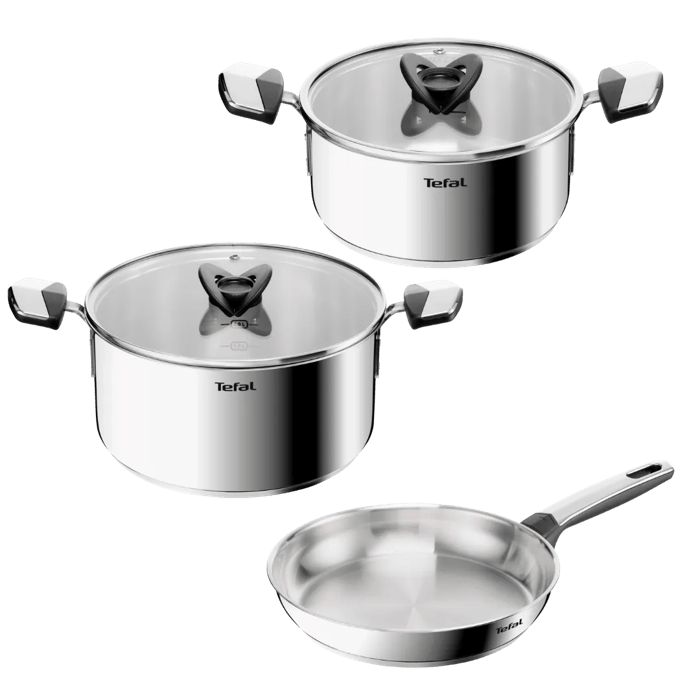 Tefal Emotion+, Batería de cocina de 5 piezas, Acero inoxidable premium, Sin revestimiento, Garantía de 10 años, Apta para inducción