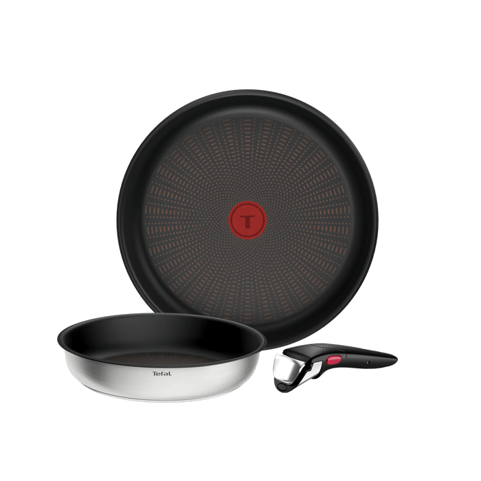 Tefal Ingenio Emotion+, Set de 3 Piezas, Acero inoxidable premium, Revestimiento antiadherente, Mango extraíble, Apilable, Apta con inducción
