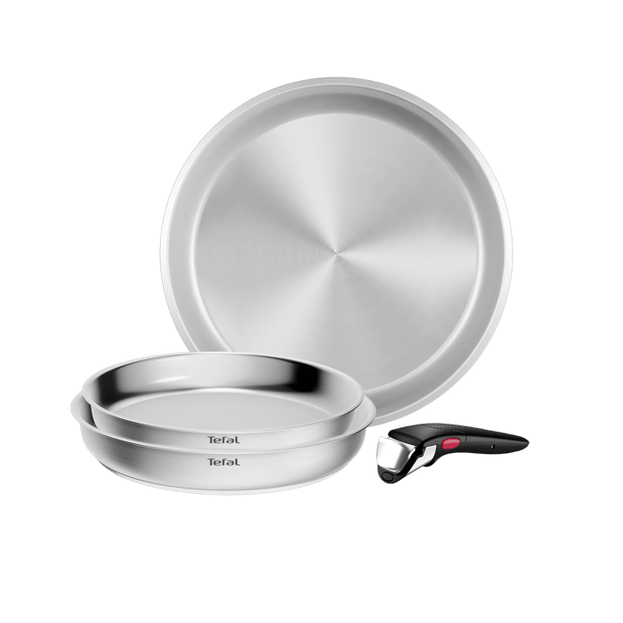 Tefal Ingenio Emotion+, Set de 4 piezas, Acero inoxidable premium, Sin revestimiento, Mango extraíble, Apilable, Apta con inducción