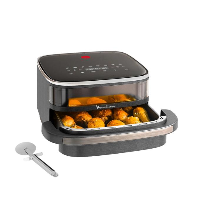 Moulinex Easy Fry XL Surface, Freidora de Aire, Gran Superficie de Cocción, Doble Resistencia, 10 Programas Automáticos, Formato Compacto, Ventana de Visualización, Gris