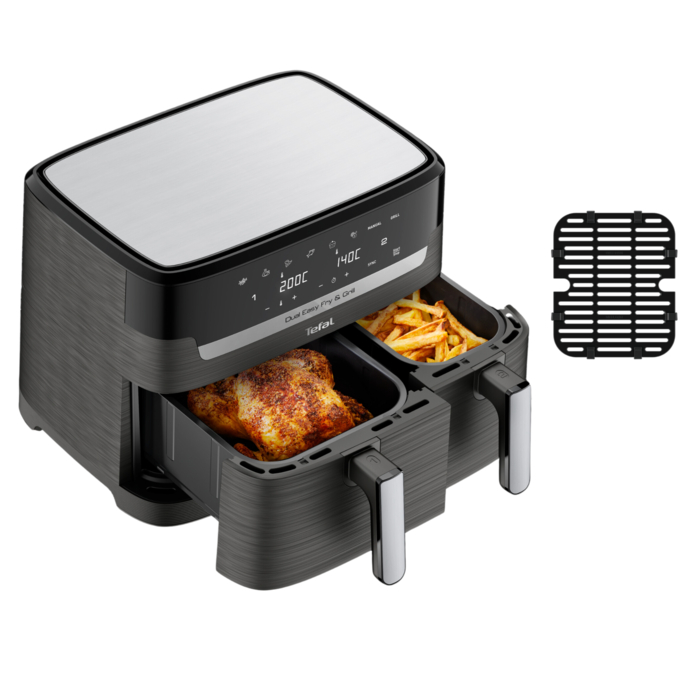 Tefal Dual Easy Fry & Grill, Freidora de aire, Doble Cesta, 8,3 L, 8 Programas Automáticos, Inox