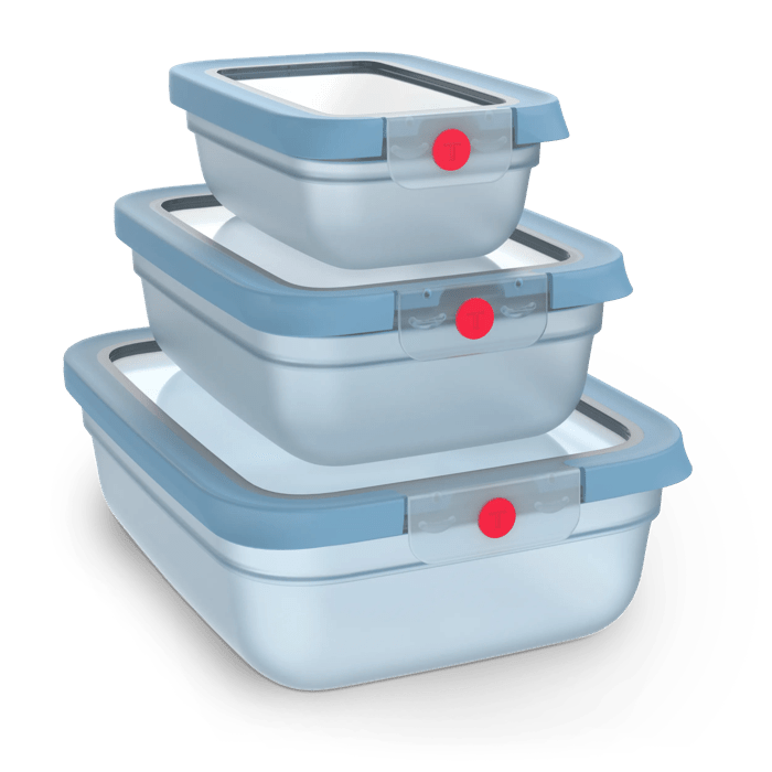 Tefal TEFAL oneClick, Set de 3 piezas apilables, Herméticos, Sistema One-Click, Azul, 3x 0.50L / 17.6  FL.OZ., 1.20L / 42.2 FL.OZ., 2.30L./ 81.0 FL.OZ.