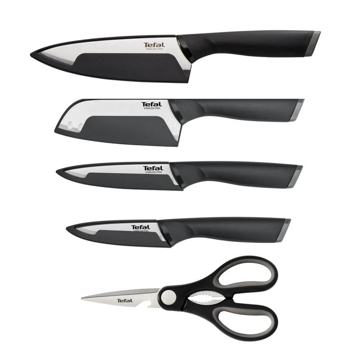 Tefal Comfort, Set de 4 Cuchillos + Tijeras, Hoja de Acero Inoxidable, Alto Rendimiento, Mango Ergonómico