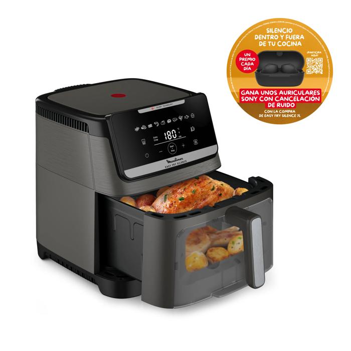 Moulinex Easy Fry Silence Vision, Freidora de aire, 7L, Tecnología Silenciosa, Compacta, Panel Frontal Desmontable, Ventana Visualización, Gris
