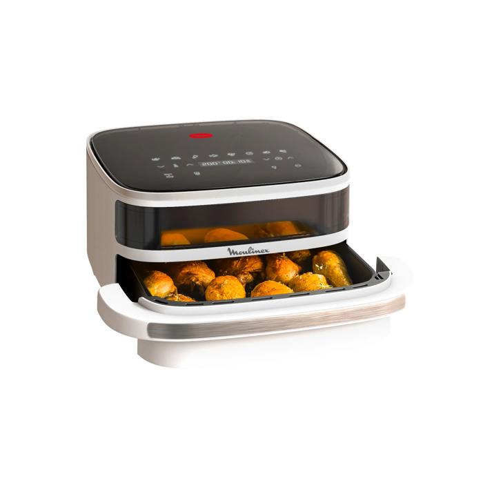 Moulinex Easy Fry XL Surface, Freidora de Aire, Gran Superficie de Cocción, Doble Resistencia, 10 Programas Automáticos, Formato Compacto, Ventana de Visualización, Blanco