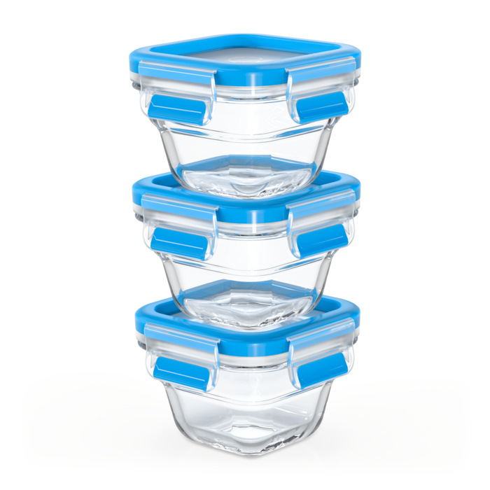 Tefal Masterseal Cristal, Set de 3 Herméticos de Cristal, 0,18 L, Cuadrados, Azul
