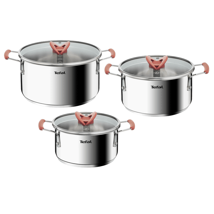 Tefal Opti'space, Set 3 Cacerolas + 3 Tapas, 18/20/24 cm, 2,1/3/5,2 L, Formato Apilable, Inducción, Acero Inoxidable