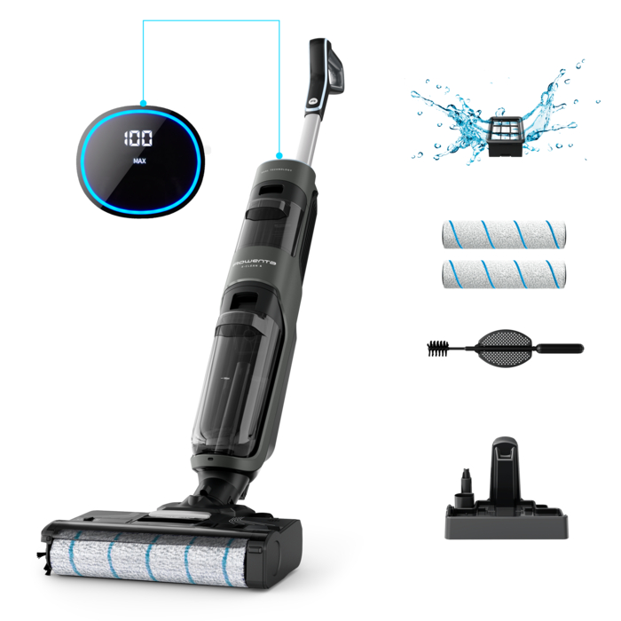Rowenta X-Clean 4 de Rowenta, Fregona Eléctrica Sin Cable, 2 en 1 Aspira y Friega a la vez, 200 W, Pantalla De Control Inteligente, 10kPA, Ajuste Automático De Limpieza: Eco, Auto Y Max