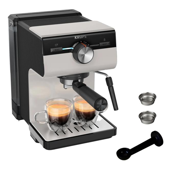 Moulinex Authentic,  Cafetera espresso manual, Interfaz intuitiva, Diseño inteligente, Gris claro