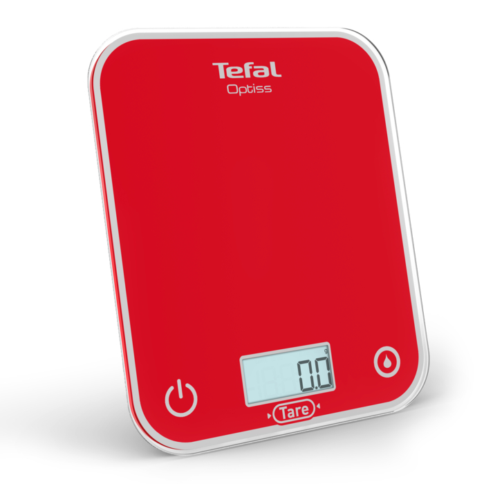 Tefal Optiss, Báscula Electrónica de Cocina, Pantalla Retroiluminada de Fácil Lectura, Antirrayaduras, 5 kg de Capacidad, Pilas Incluidas, Rojo