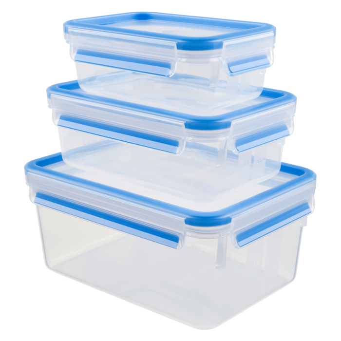 Tefal Masterseal, Set de 3 Herméticos de plástico,  0,55/1/2,3L, Rectangular, Azul